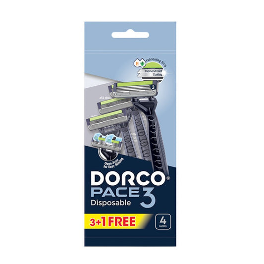 Dorco Pace 3 Disposable Razors for Men, 3 Blades Pivoting Head, 3+1 Plastic Handles In A Pouch