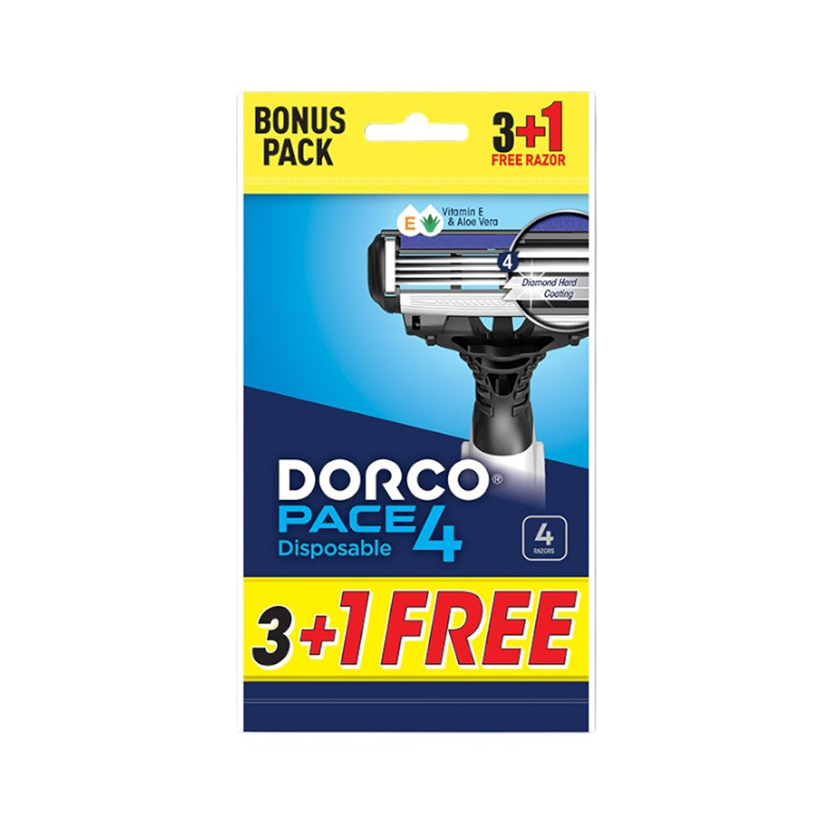 Dorco Pace 4 Disposable Razors For Men With Quad Stainless Steel Blades 3+1