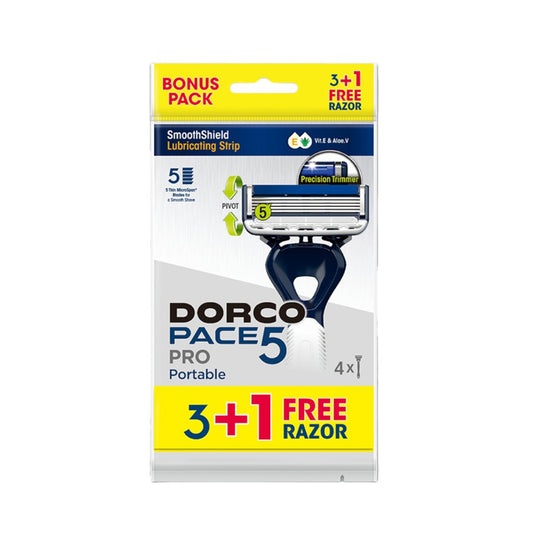 Dorco Pace 5 Pro Disposable Razors for Men, 5 Blades Pivoting Head, 3+1 Rubber Handles In A Pouch