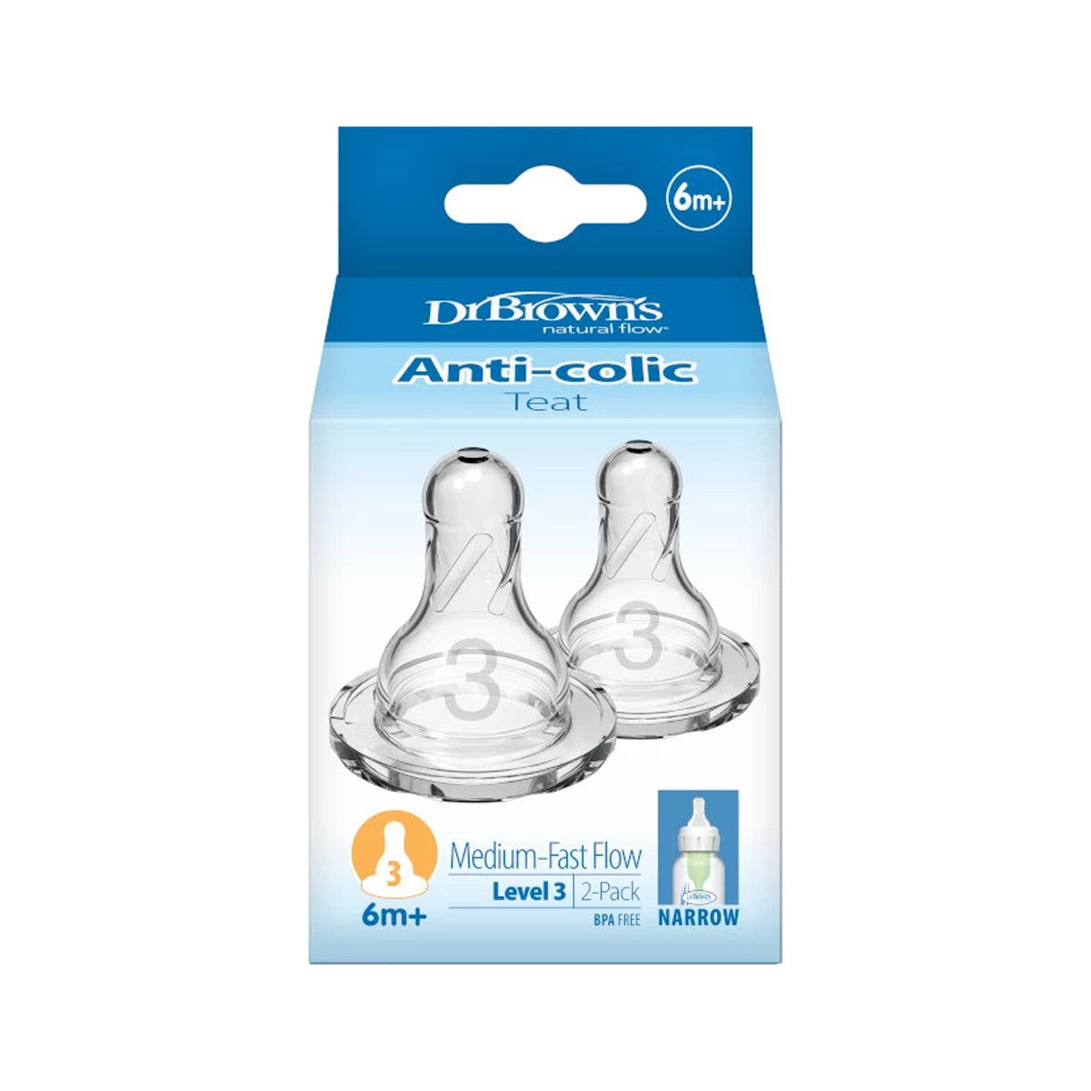 Dr. Brown’s Level-3 (6-9months) Silicone Narrow Nipple 2-Pack