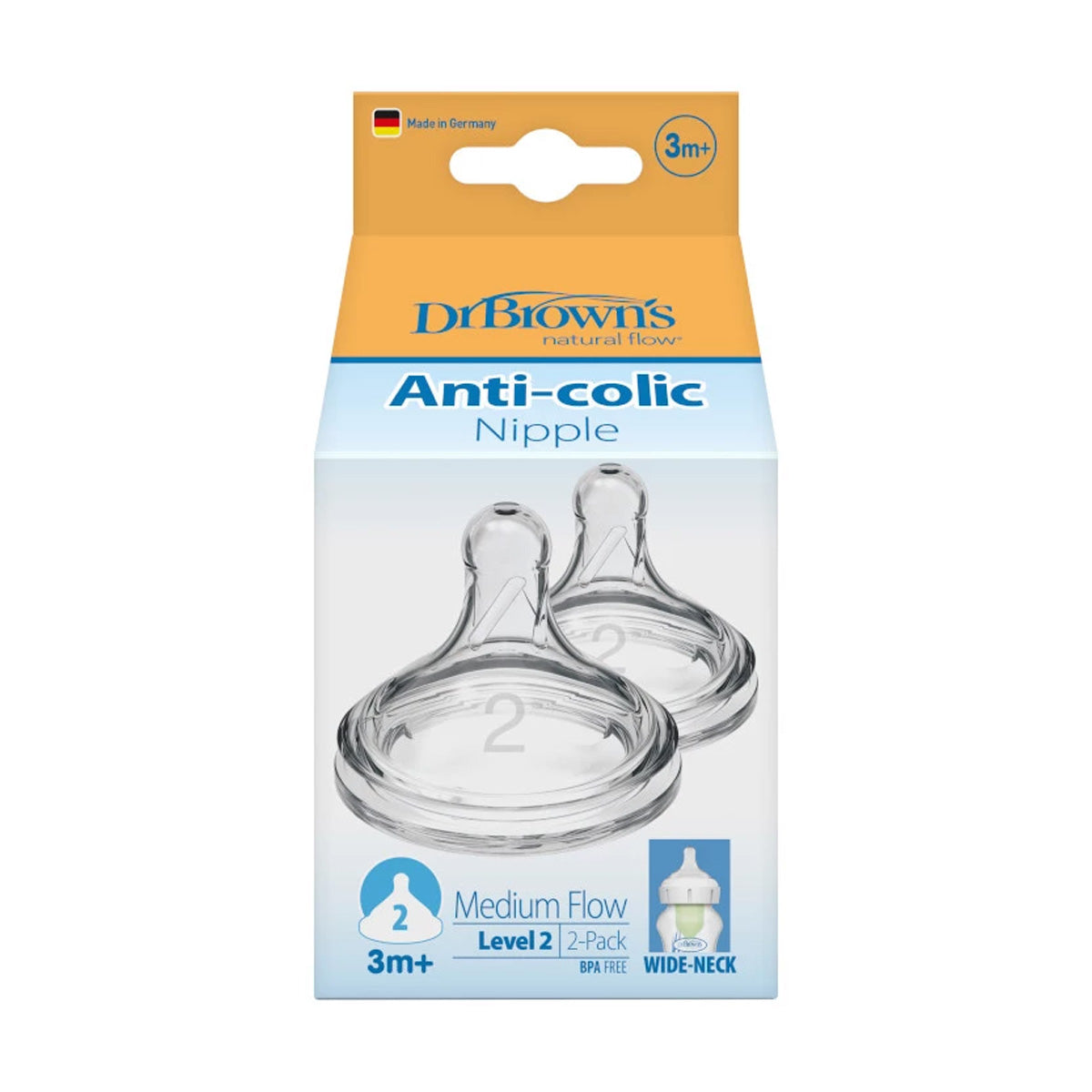 Dr. Brown's Wide-Neck Silicone Nipple Level 2 ( 3-6 months ) , 2-Pack