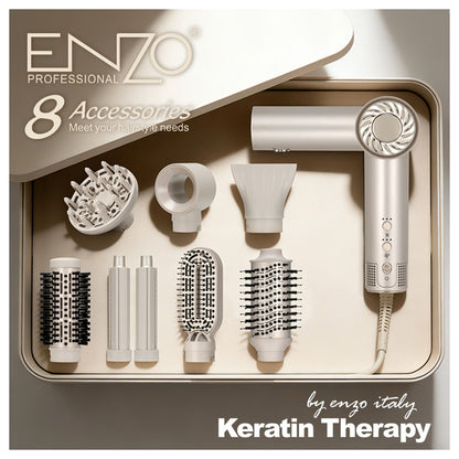 ENZO Foldable Hair Dryer Brush Set – 8 Accessories Styling Kit - EN-6208