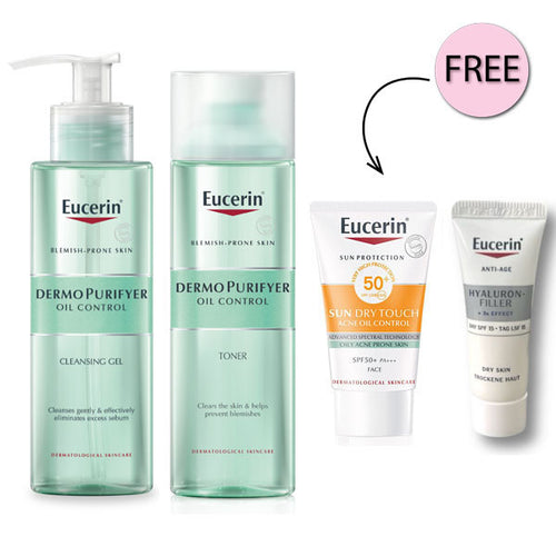 Eucerin Dermopurifyer Cleansing Gel 200ml + Toner 200ml + Free Eucerin Hyaluron Filler Day Cream 7ml+  Free Oil Control Spf50+ 20ml