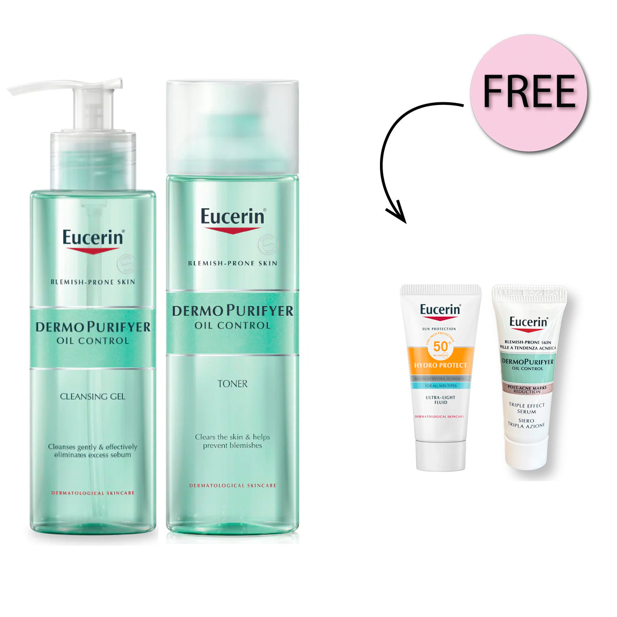 Eucerin Dermopurifyer Cleansing Gel 200ml + Toner 200ml + Free Eucerin Triple Serum 7ml+  Free Hydro Protect Spf50+ 5ml