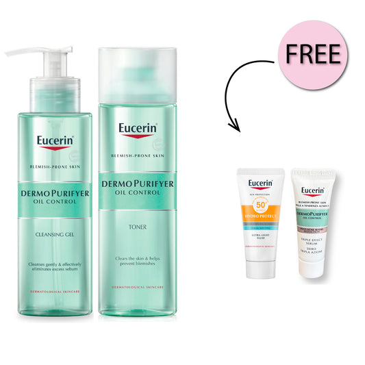 Eucerin Dermopurifyer Cleansing Gel 200ml + Toner 200ml + Free Eucerin Triple Serum 7ml+  Free Hydro Protect Spf50+ 5ml