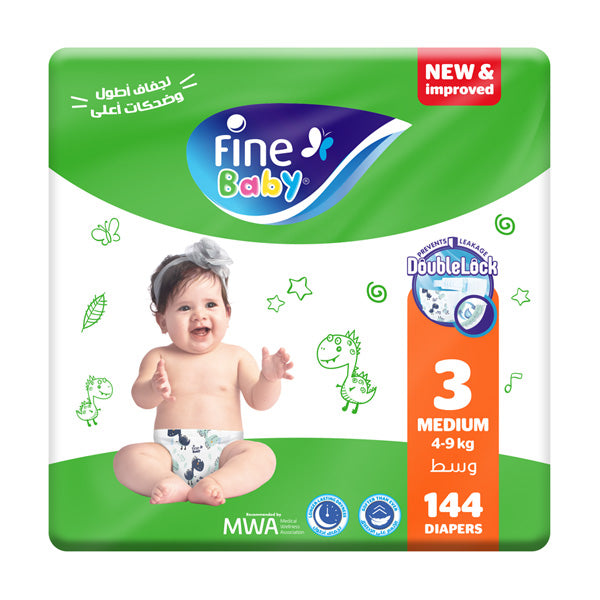 FINE BABY(SIZE 3 MEDIUM, 4-9 KG, 144 DOUBLE LOCK LCP DIAPERS)