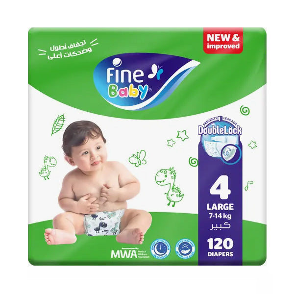 فاين بيبي (مقاس 4 كبير، 7-14 كجم، 120 حفاضة بقفل مزدوج) فاين بيبي (مقاس 4 كبير، 7-14 كجم، 120 حفاضة بقفل مزدوج)