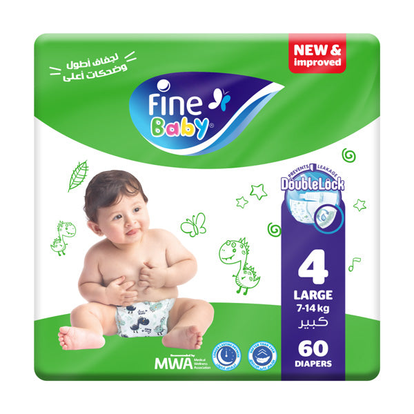 FINE BABY( SIZE 4, LARGE 7-14KG DOUBLE LOCK, 60 DIAPERS)