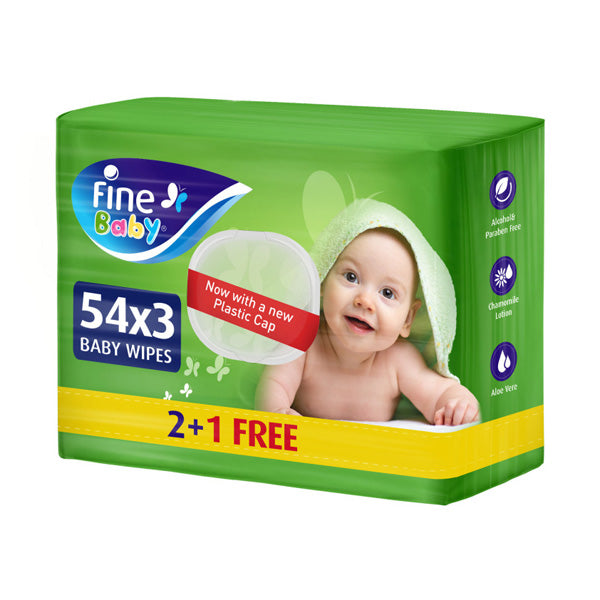 FINE BABY, WET WIPES, WITH ALOE VERA & CHAMOMILE LOTION, 54 WIPES 2+1 FREE