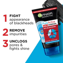 Load image into Gallery viewer, GARNIER PURE ACTIVE INTENSIVE 3 IN 1 CHARCOAL BLACKHEAD MASK WASH SCRUB 150ML