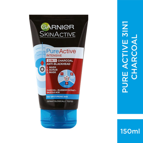 GARNIER PURE ACTIVE INTENSIVE 3 IN 1 CHARCOAL BLACKHEAD MASK WASH SCRUB 150ML