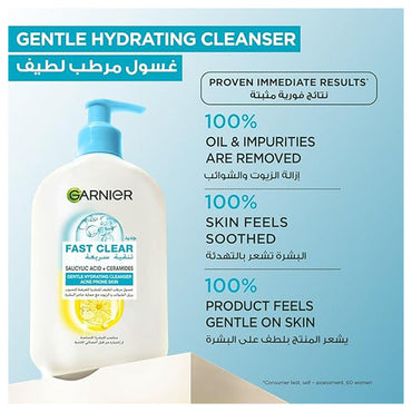 Garnier Fast Clear Gentle Cleanser Deep Hydrating Face Wash for Acne Prone Skin 250ml