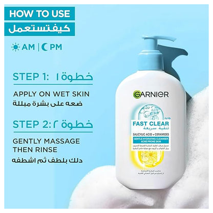 Garnier Fast Clear Gentle Cleanser Deep Hydrating Face Wash for Acne Prone Skin 250ml