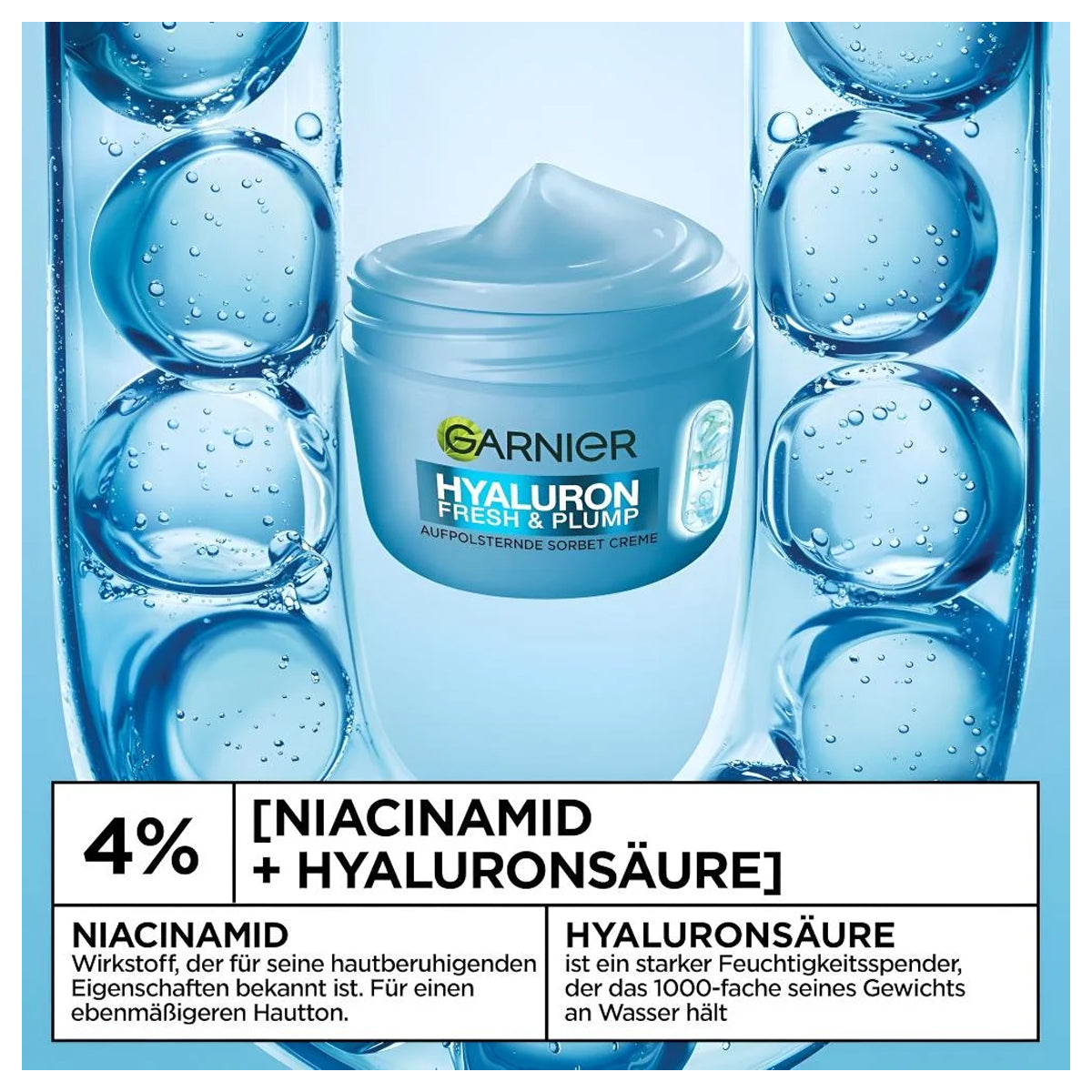 Garnier SkinActive Hyaluron Fresh & Plump Cream, 48H Oil‑Free Hydration, 4% Hyaluronic Acid & Niacinamide, 85ml