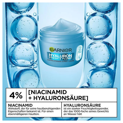Garnier SkinActive Hyaluron Fresh & Plump Cream, 48H Oil‑Free Hydration, 4% Hyaluronic Acid & Niacinamide, 85ml