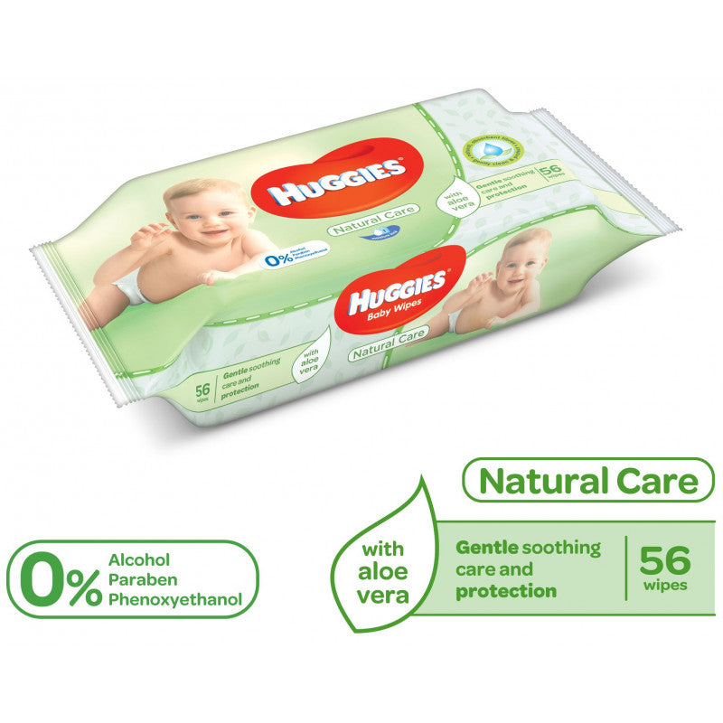 HUGGIES NATURAL CARE BABY WIPES WITH ALOE VERA & VITAMIN E PACK 2X56 PACK + 1 FREE CONTAINER 168 UNITS