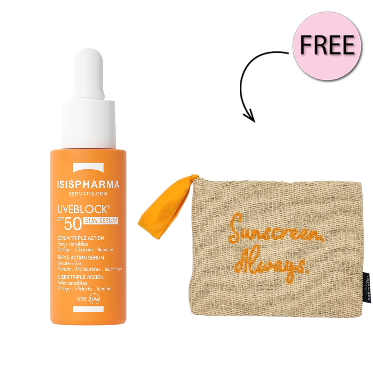Isispharma Uveblock SPF50 Triple Action Sun Serum 28ml + Free Bag