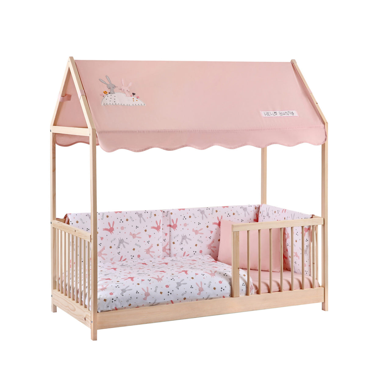 Kukka Natural Wooden Montessori Activity Bed 70X140cm - Bunny Pink