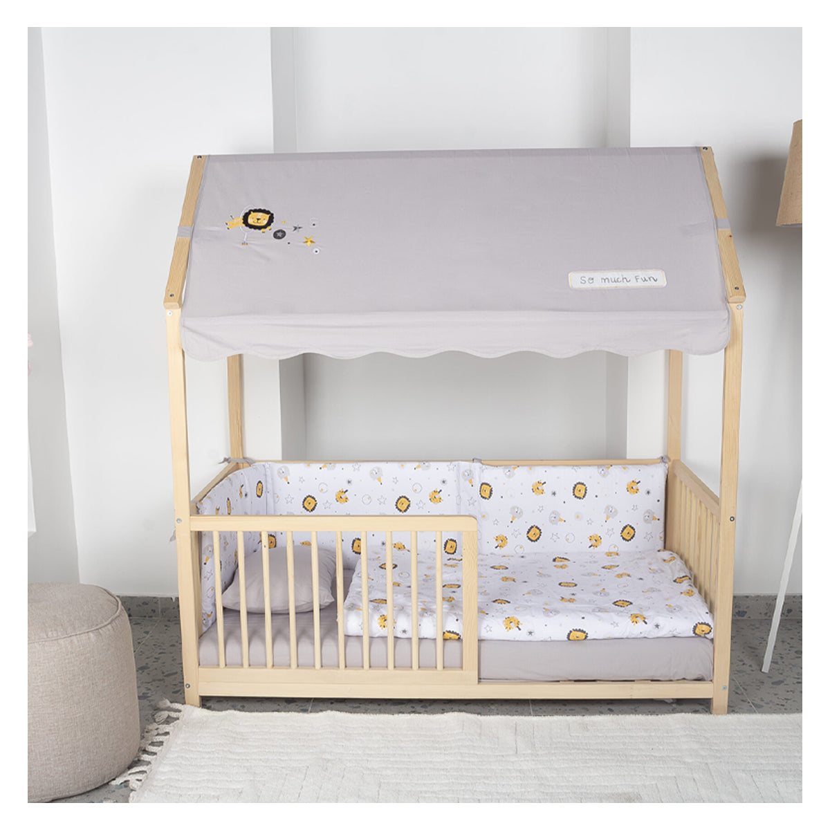 Kukka Natural Wooden Montessori Activity Bed 70X140cm - Lion Grey