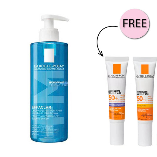 La Roche-Posay Effaclar Acne Foaming Cleansing Gel for Oily and Acne Prone Skin 400ml + Free Uv Anti Taches - spf50+ 15ml + Uv Fluid spf50+ 15ml