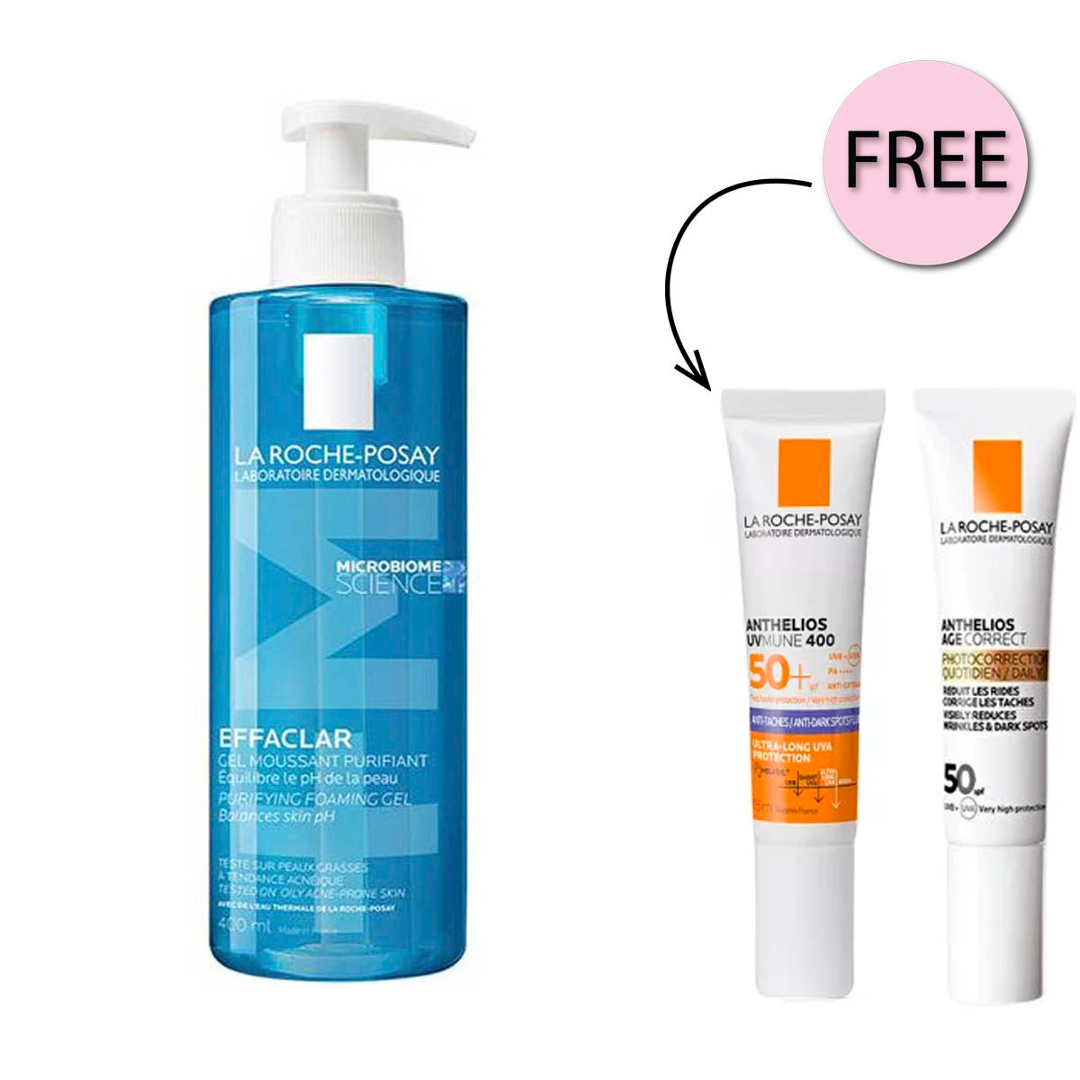 La Roche-Posay Effaclar Acne Foaming Cleansing Gel for Oily and Acne Prone Skin 400ml + Free Uv Anti Taches - spf50+ 15ml + Uv Age Fluid spf50+ 15ml