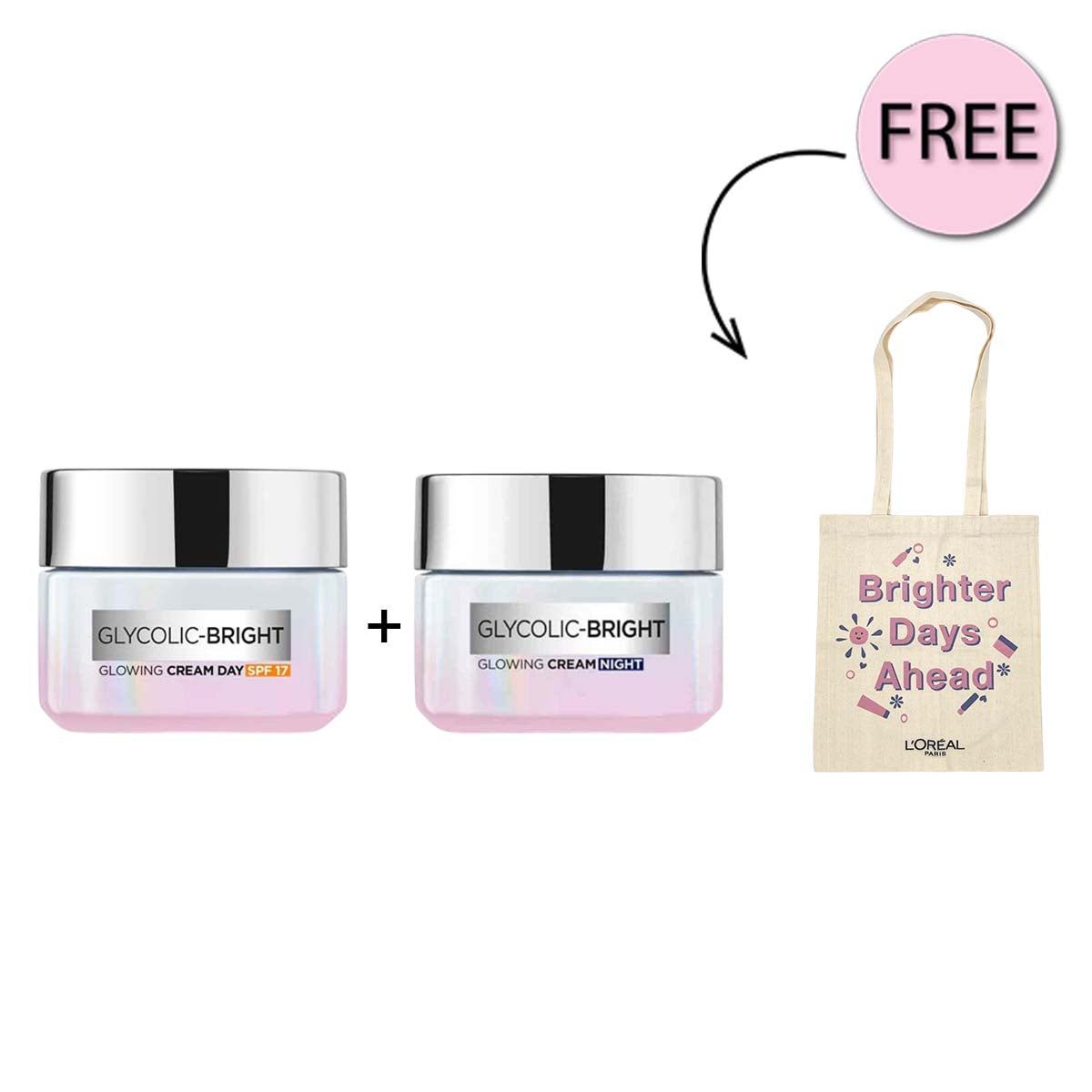 Loreal Paris Glycolic-bright Day Cream 50ml + Loreal Paris Glycolic-bright Night Cream 50ml + Free Bag Loreal Paris Glycolic-bright Day Cream 50ml + Loreal Paris Glycolic-bright Night Cream 50ml + Free Bag
