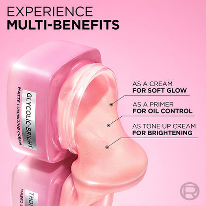 Loreal Paris Glycolic Bright Matte Luminizing Cream, Instant Glow Booster, Fades Dark spots, 50ml