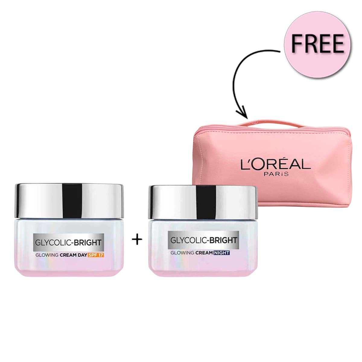 Loreal Paris Glycolic-bright Day Cream 50ml + Loreal Paris Glycolic-bright Night Cream 50ml - 20% Discount + Free Bag