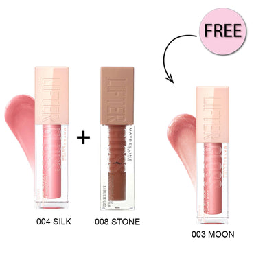 Maybelline Lifter Gloss Lip Gloss With Hyaluronic 004 Silk + Maybelline Lifter Gloss Lip Gloss With Hyaluronic 008 Stone + Free Maybelline Lifter Gloss Lip Gloss With Hyaluronic 003 Moon