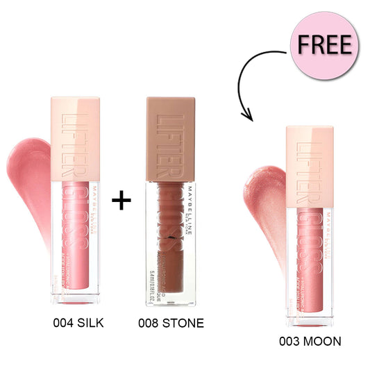 Maybelline Lifter Gloss Lip Gloss With Hyaluronic 004 Silk + Maybelline Lifter Gloss Lip Gloss With Hyaluronic 008 Stone + Free Maybelline Lifter Gloss Lip Gloss With Hyaluronic 003 Moon