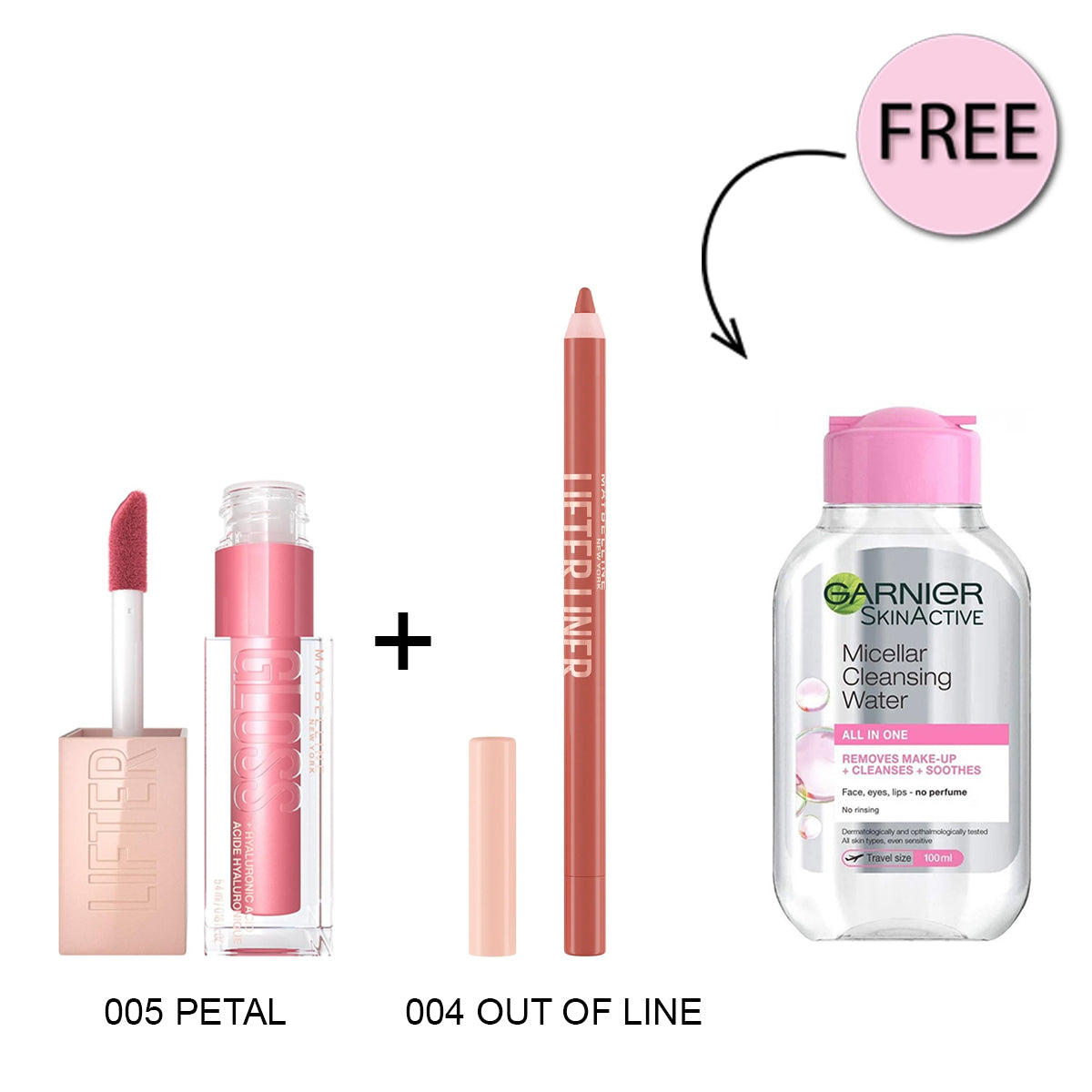 Maybelline Lifter Gloss Lip Gloss With Hyaluronic Acid 005 Petal + Maybelline Lifter Liner Lip Liner 004 Out Of Line + Free Garnier Micellar Water 100ml Offer