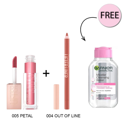 Maybelline Lifter Gloss Lip Gloss With Hyaluronic Acid 005 Petal + Maybelline Lifter Liner Lip Liner 004 Out Of Line + Free Garnier Micellar Water 100ml Offer