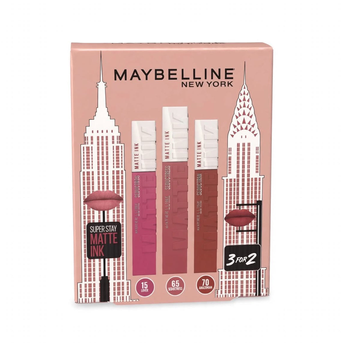 Maybelline Superstay Matte Ink Liquid Lipstick 15 Lover + Maybelline Superstay Matte Ink Liquid Lipstick 65 Seductress + Free Maybelline Superstay Matte Ink Liquid Lipstick 70 Amazonian