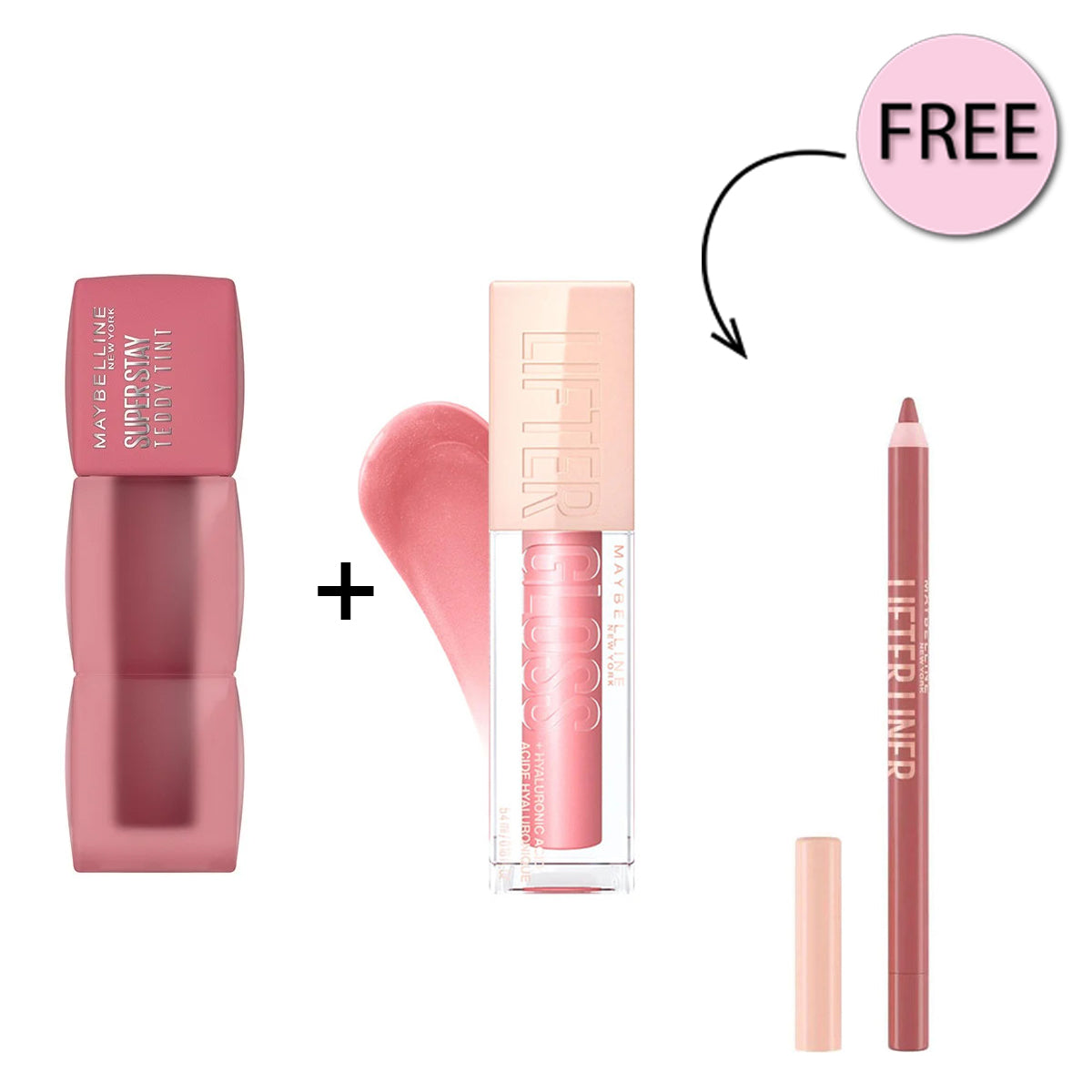 Maybelline Super Stay Teddy Tint 55 Kneehigh Nu + Maybelline Lifter Gloss Lip Gloss With Hyaluronic Acid 004 Silk + Free Maybelline Lifter Liner Nu 007 Big Lift