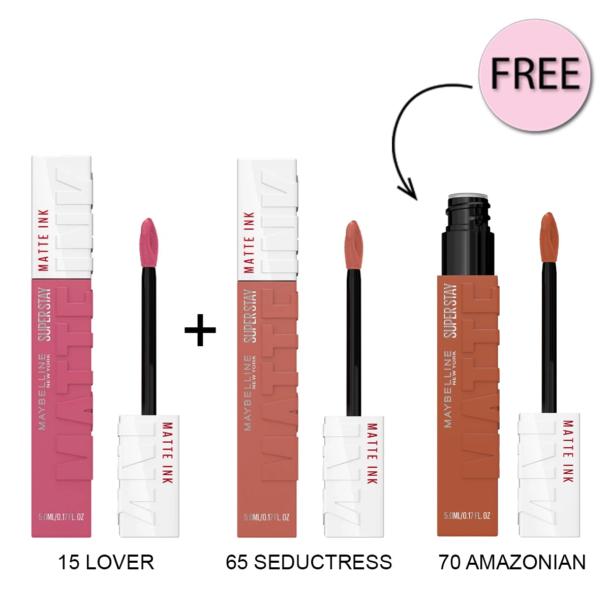 Maybelline Superstay Matte Ink Liquid Lipstick 15 Lover + Maybelline Superstay Matte Ink Liquid Lipstick 65 Seductress + Free Maybelline Superstay Matte Ink Liquid Lipstick 70 Amazonian