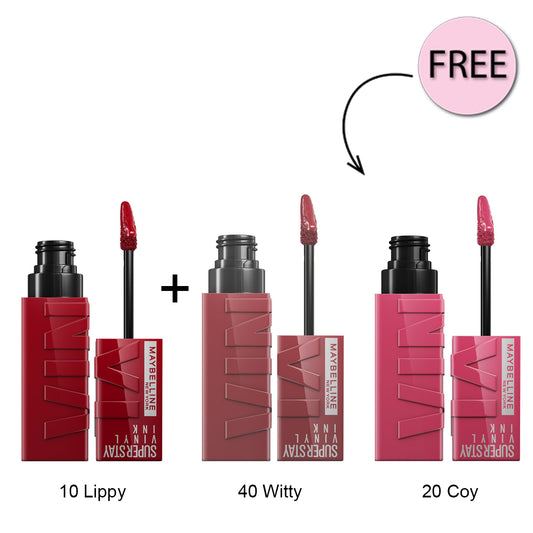 Maybelline Superstay Vinyl Ink Lipstick 10 Lippy + Maybelline Superstay Vinyl Ink Lipstick 40 Witty + Free Maybelline Superstay Vinyl Ink Lipstick 20 Coy Offer