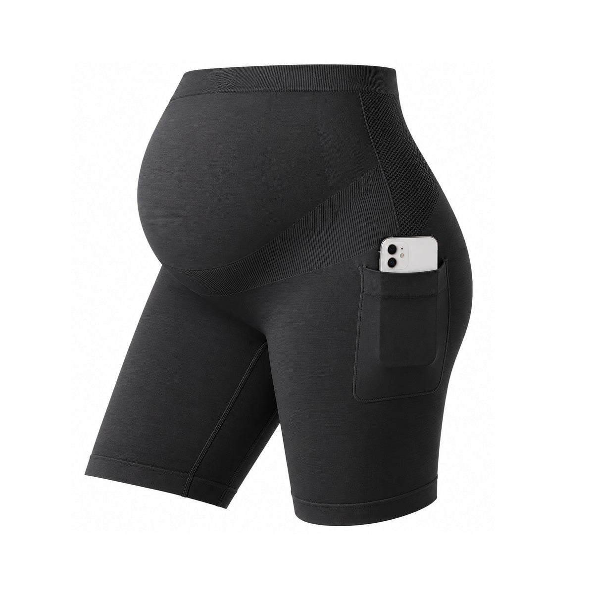 Momcozy Seamless Knit Maternity Biker Shorts with Pocket, 6-Inch, Over-Belly High-Waisted – Black, Medium