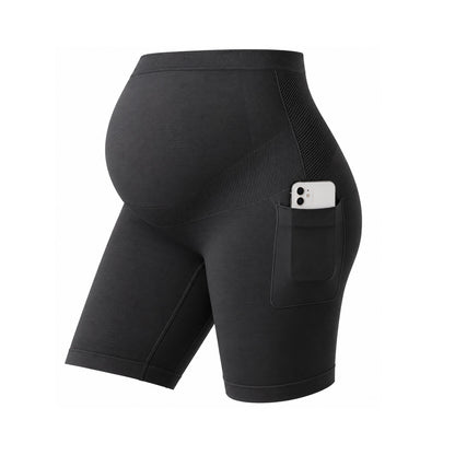 Momcozy Seamless Knit Maternity Biker Shorts with Pocket, 6-Inch, Over-Belly High-Waisted – Black, Medium