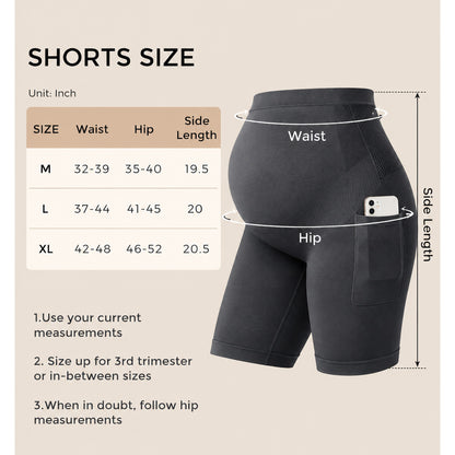 Momcozy Seamless Knit Maternity Biker Shorts with Pocket, 6-Inch, Over-Belly High-Waisted – Black, Medium