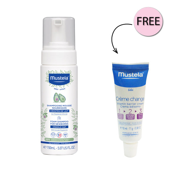 Mustela Baby Foam Shampoo Newborns Cradle Cap 150ml + Free Mustela Vitamin Barrier 10ml