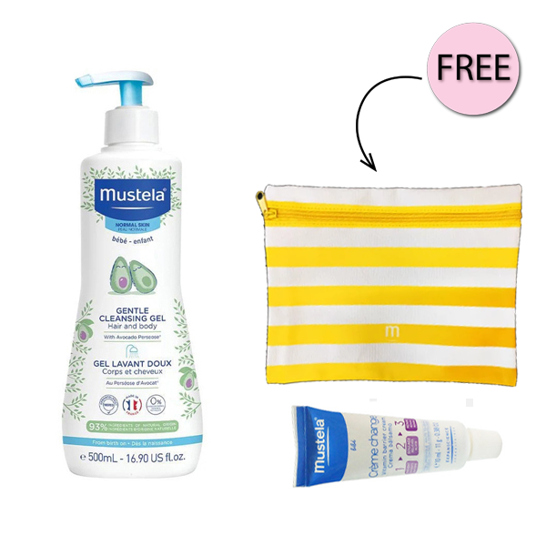 Mustela Baby Gentle Cleansing Gel Hair & body 500ml + Free Mustela Vitamin Barrier 10ml & Pouch