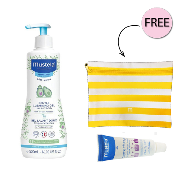 Mustela Baby Gentle Cleansing Gel Hair&body 500ml + Free Mustela Vitamin Barrier 10ml & Pouch