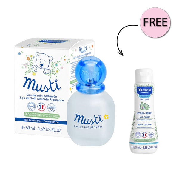 Mustela Baby Musti Eau De Soin Delicate Fragrance 50 Ml + Free Mustela Cleansing Gel 50ml
