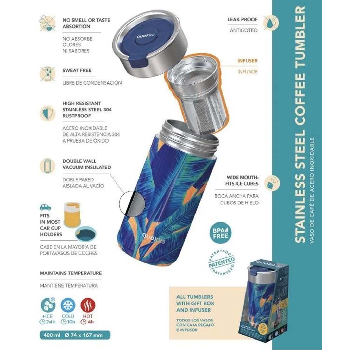 Quokka Thermal Stainless Steel Tumbler With Infuser - Blue Jungle 400 Ml