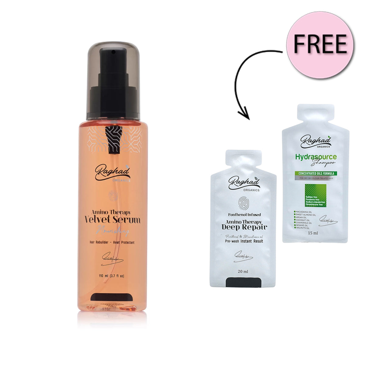Raghad Organics Amino Therapy Velvet Serum 110ml + Free Amino Therapy Deep Repair Hair Mask 20ml + Free Hydrasource Shampoo 15ml