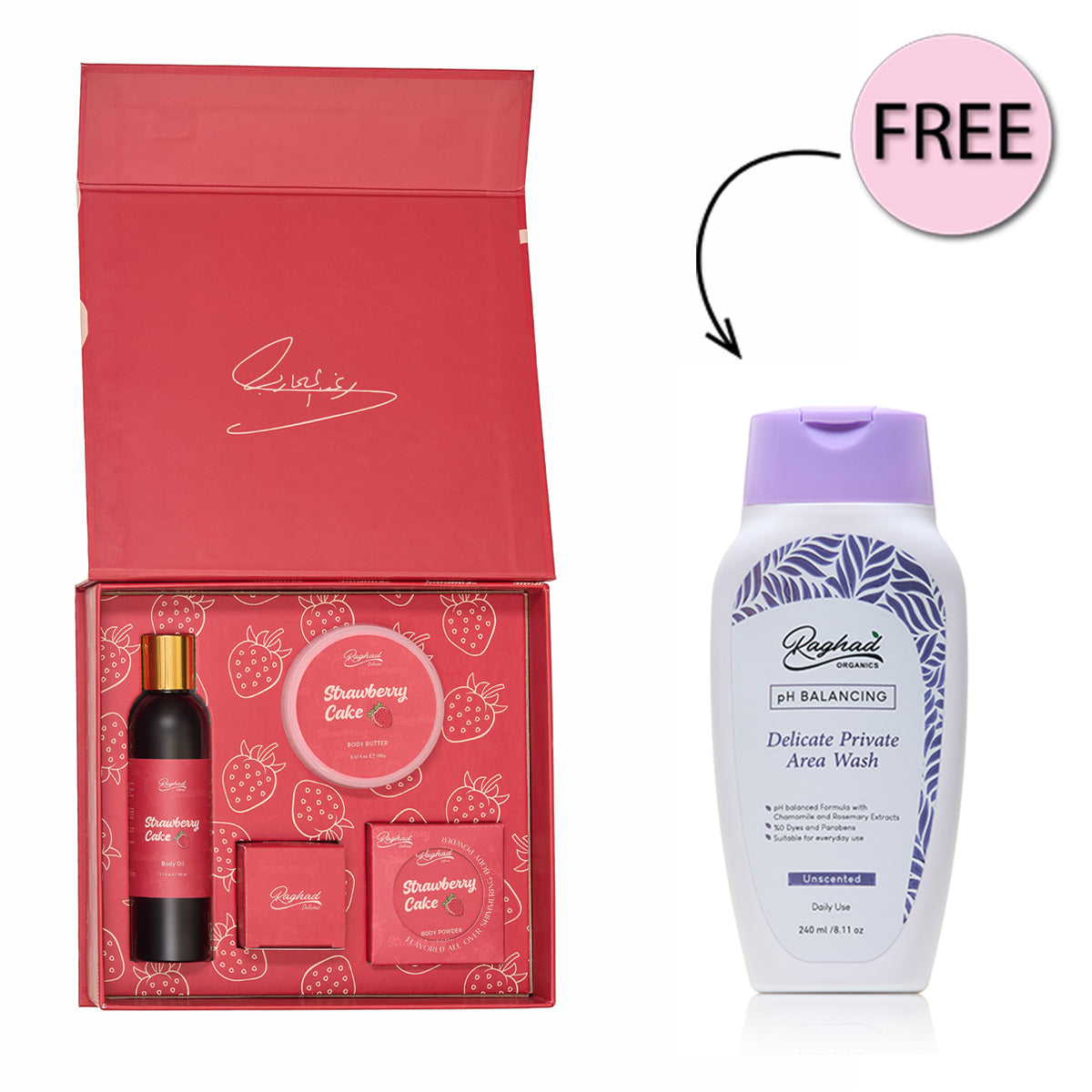 Raghad Delicious Body Set - Strawberry Cake+Free Raghad Organics Ph Balancing Delicate Private Area Wash Unscented 240ml