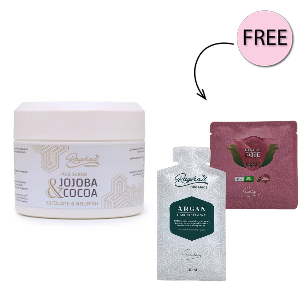 Raghad Organics Jojoba & Cocoa Scrub 250ml + Free Touch Me Rose Body Scrub 40gm + Free Argan Hair Treatment 20ml