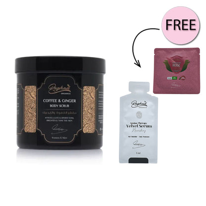 Raghad Organics Coffee & Ginger Body Scrub 1000ml + Free Touch Me Rose Body Scrub 40gm + Free Aminotherapy Velvet Serum 5ml