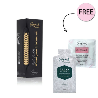 Raghad Organics Wheat Germ & Jojoba Oil 120ml + Free La Dentelle Scrub 40gm + Free Argan Hair Treatment 20ml