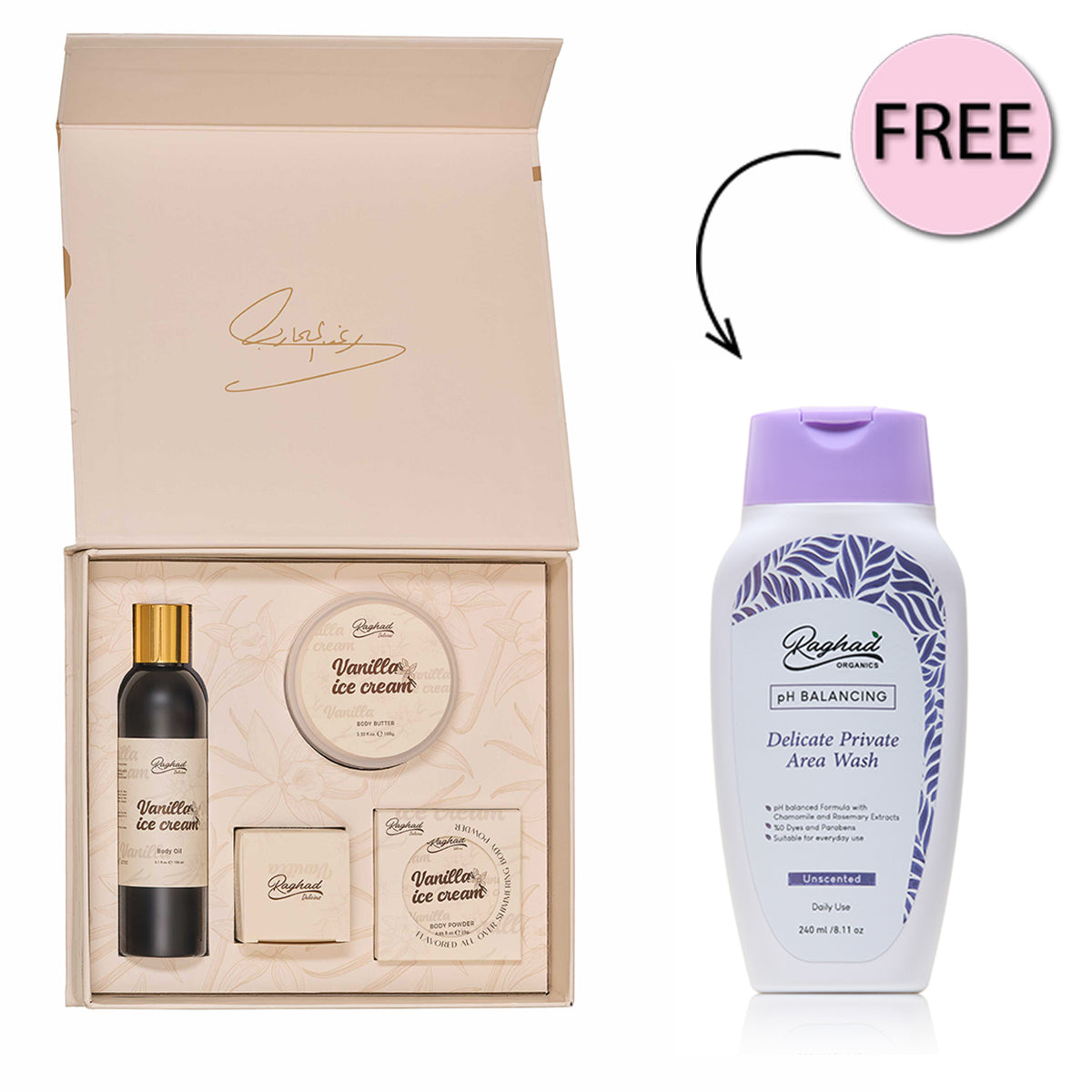 Raghad Delicious Body Set - Vanilla Ice Cream +Free Raghad Organics Ph Balancing Delicate Private Area Wash Unscented 240ml